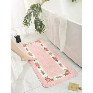 Pink Rose Flower Bath Mat Long Bathroom Rug Soft Non Slip Absorbent Floral 17x47